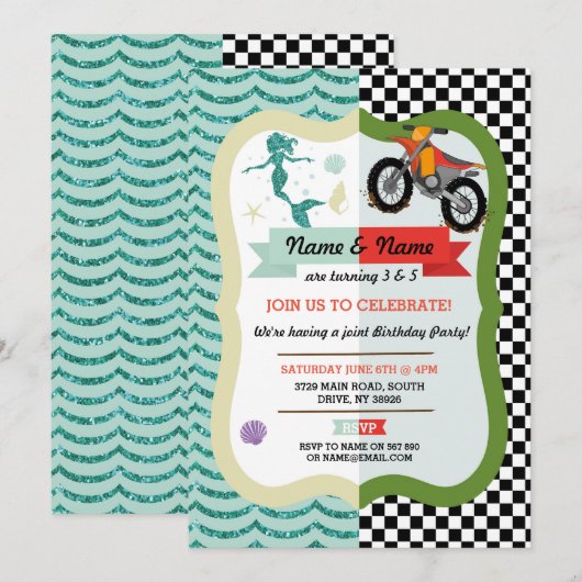 Zeemeermin & Dirt Bike Joint Boy Meisje Verjaardag Kaart (Voorkant / Achterkant)