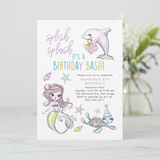 Zeemeermin, Dolfijn, Turtle Verjaardagsuitnodiging Kaart (Staand voorkant)