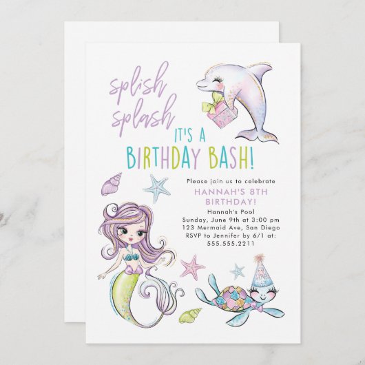 Zeemeermin, Dolfijn, Turtle Verjaardagsuitnodiging Kaart (Voorkant / Achterkant)