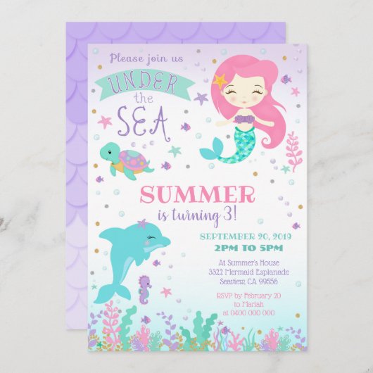 Zeemeermin Dolfijn Uitnodiging - Onder de Zee (Voorkant / Achterkant)