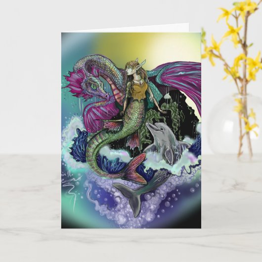 Zeemeermin&Dolfijn~wenskaart Kaart (Gele Bloem)