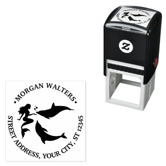 Zeemeermin, Dolfijnen Silhouet Naam Retouradres Zelfinktende Stempel (In situ)