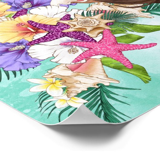 Zeemeermin Donker Haar Roze Zeester Schattig Perso Poster (Hoek)