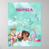 Zeemeermin Donker Haar Roze Zeester Schattig Perso Poster (Voorkant)