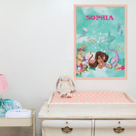 Zeemeermin Donker Haar Roze Zeester Schattig Perso Poster