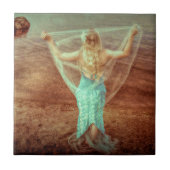 Zeemeermin door het Zee  Blauwgroen bruine kunstku Tegeltje (Voorkant)