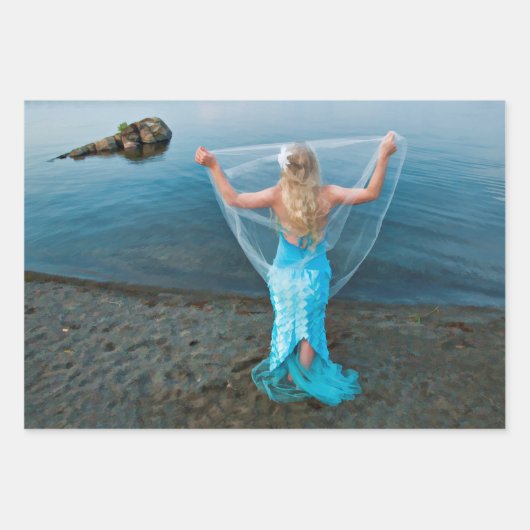 Zeemeermin door het Zee Blue Nautical Etheral Inpakpapier Vel (Voorkant 3)