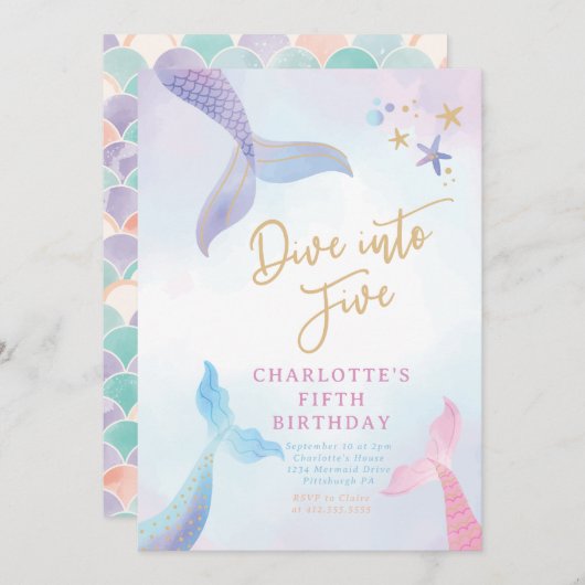 Zeemeermin duik in verjaardagsfeestuitnodiging kaart (Voorkant / Achterkant)