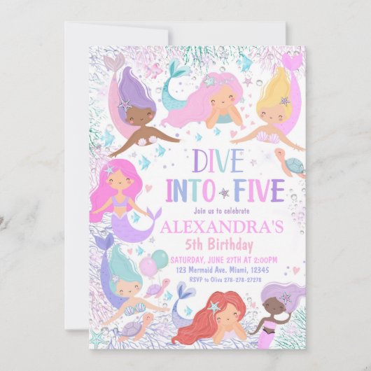 Zeemeermin duik in verjaardagsfeestuitnodiging ond kaart (Voorkant)