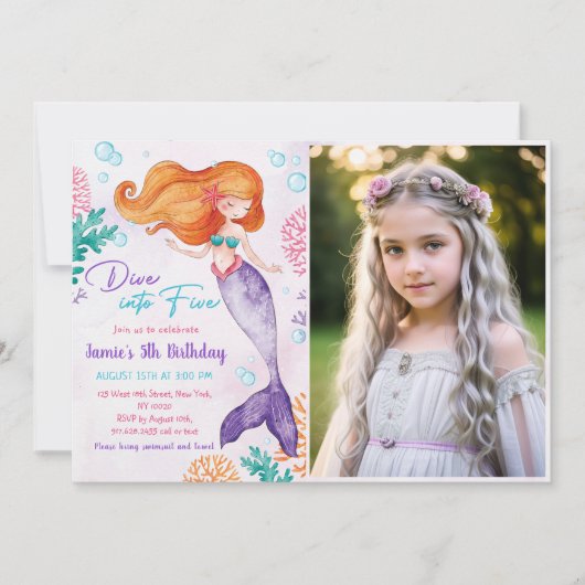 Zeemeermin Duik in Vijf 5e Verjaardagsfeestfoto Kaart (Voorkant)