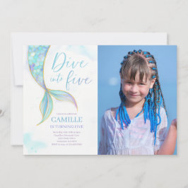 Zeemeermin Duik in Vijf 5e Verjaardagsfeestfoto Kaart