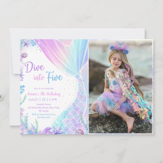Zeemeermin Duik in Vijf 5e Verjaardagsfeestfoto Kaart (Voorkant)