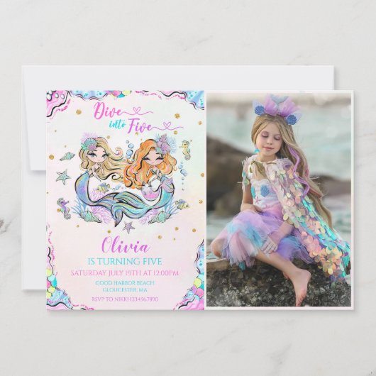 Zeemeermin Duik in Vijf 5e Verjaardagsfeestfoto Kaart