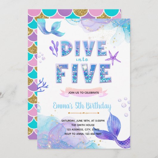 Zeemeermin Duik in Vijf Zeemeermin zwembad uitnodi Kaart (Voorkant / Achterkant)