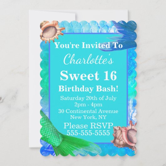 Zeemeermin e-mails & Conch Shells Sweet 16 Party Kaart (Voorkant)
