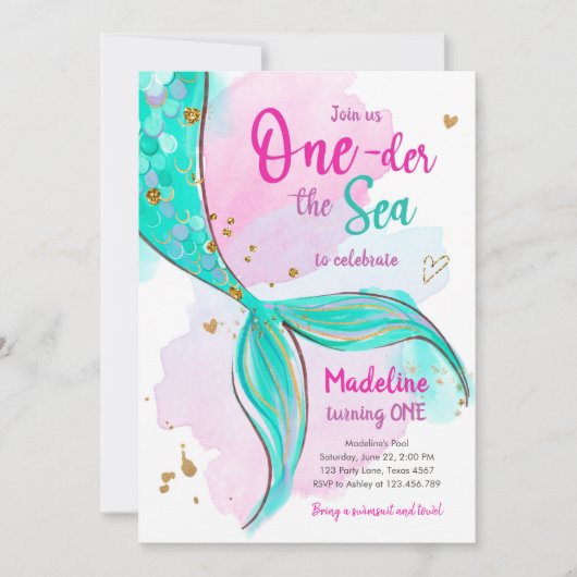 Zeemeermin Een het Zee Zwembad Party Meisje Eerste Kaart (Voorkant)