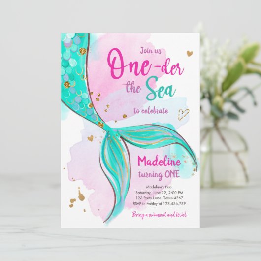 Zeemeermin Een het Zee Zwembad Party Meisje Eerste Kaart (Staand voorkant)