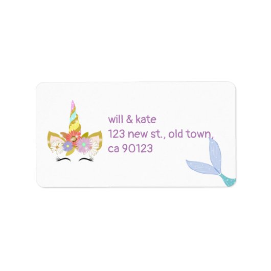Zeemeermin eenhoorn adresetiketten etiket (Voorkant)