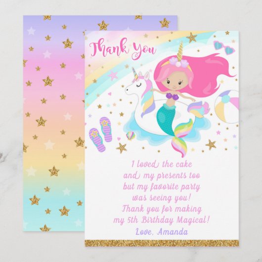 Zeemeermin & Eenhoorn Bedankt Card Kaart (Voorkant / Achterkant)