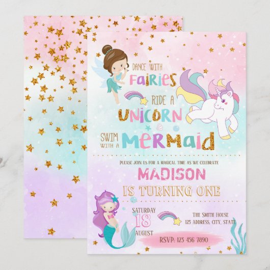 Zeemeermin eenhoorn feeën uitnodiging (Voorkant / Achterkant)