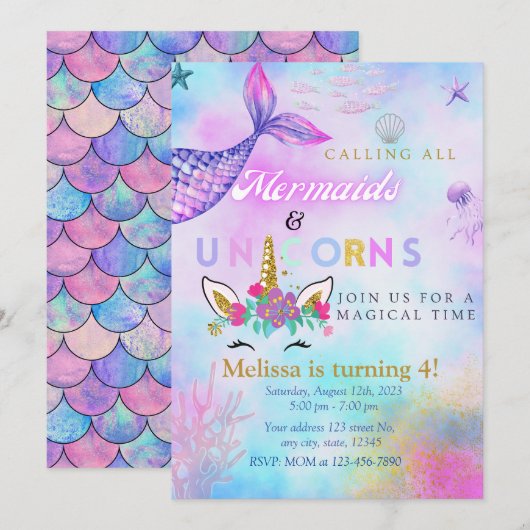 Zeemeermin & Eenhoorn Gouden Glitter uitnodigen 4  Kaart (Voorkant / Achterkant)