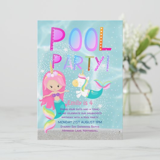 Zeemeermin Eenhoorn POOL Feest Roze Glitters Meisj Kaart (Staand voorkant)