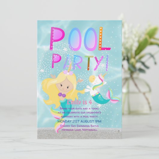 Zeemeermin Eenhoorn POOL Feest Roze Glitters Meisj Kaart (Staand voorkant)