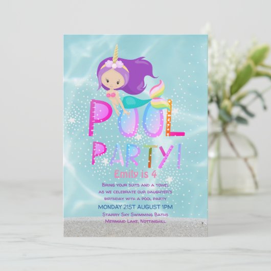 Zeemeermin Eenhoorn POOL Feest Roze Glitters Meisj Kaart (Staand voorkant)