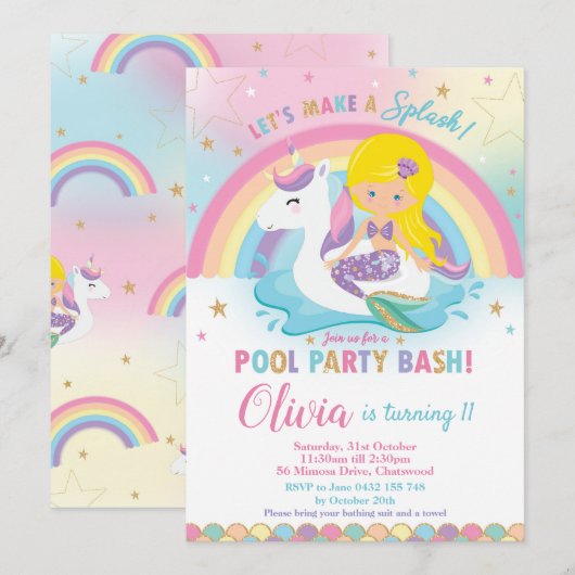 Zeemeermin Eenhoorn Pool Party Verjaardag Blond Kaart (Voorkant / Achterkant)