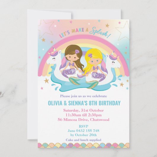 Zeemeermin Eenhoorn Regenboog Zwembad Party Twins  Kaart (Voorkant)