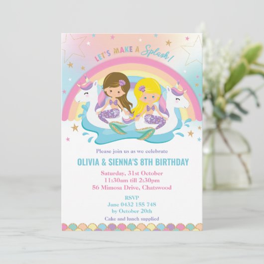 Zeemeermin Eenhoorn Regenboog Zwembad Party Twins  Kaart (Staand voorkant)