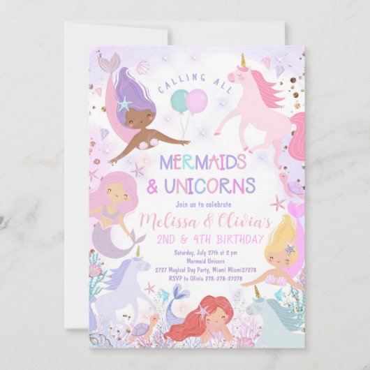 Zeemeermin & Eenhoorn Verjaardagsfeest Uitnodiging (Voorkant)