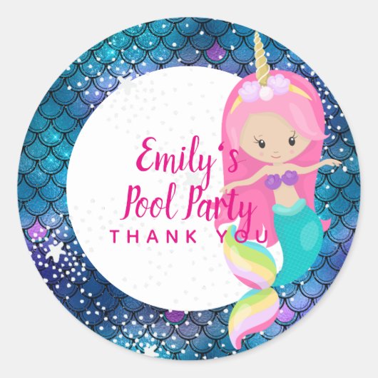 Zeemeermin Eenhoorn Zwembad Feest Benodigdheden Ro Ronde Sticker (Voorkant)