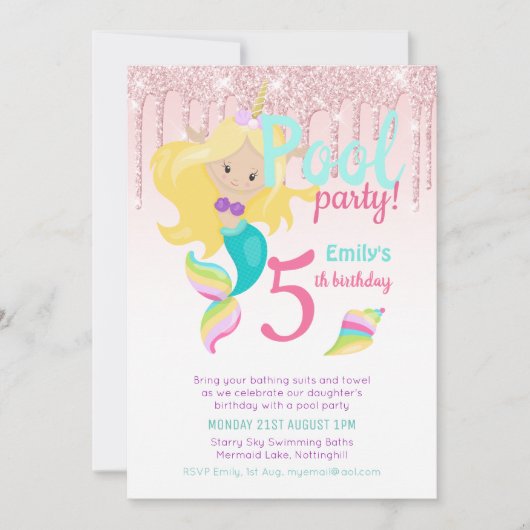 Zeemeermin Eenhoorn Zwembad Feest Roze Blauw Meisj Kaart (Voorkant)