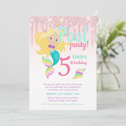 Zeemeermin Eenhoorn Zwembad Feest Roze Blauw Meisj Kaart (Staand voorkant)