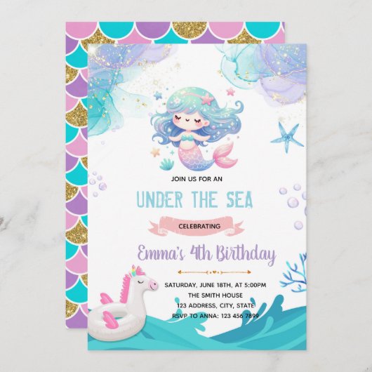 Zeemeermin Eenhoorn zwembad uitnodiging (Voorkant / Achterkant)