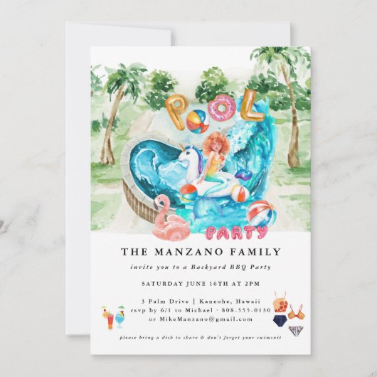 Zeemeermin Eenhoorn | Zwembadfeest Uitnodiging (Voorkant)