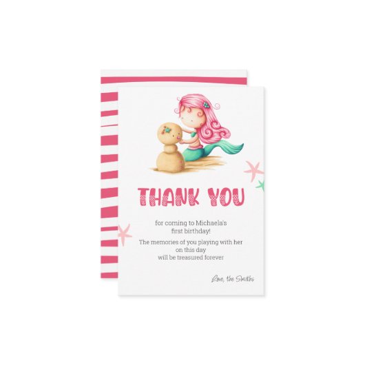 Zeemeermin Eerste Verjaardag Bedankkaart (Voorkant / Achterkant in situ)