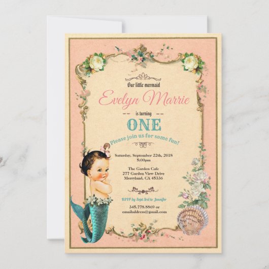 Zeemeermin eerste verjaardag uitnodiging roze 1e b (Voorkant)