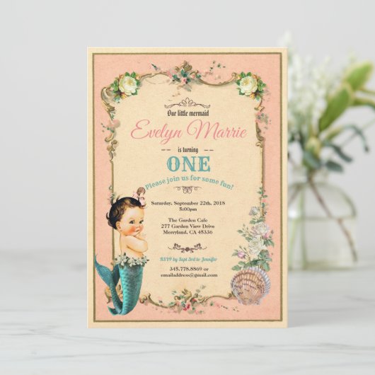 Zeemeermin eerste verjaardag uitnodiging roze 1e b (Staand voorkant)