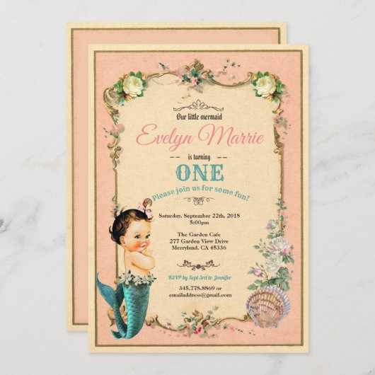 Zeemeermin eerste verjaardag uitnodiging roze 1e b (Voorkant / Achterkant)