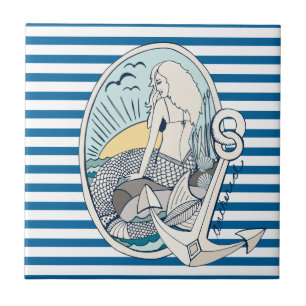 Zeemeermin en Anchor Blue en White Stripe Tile Tegeltje