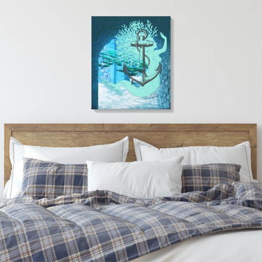Zeemeermin en ankerdoek kunst canvas afdruk (Insitu (Slaapkamer))