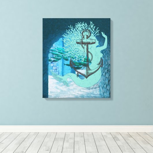 Zeemeermin en ankerdoek kunst canvas afdruk (Insitu (Houten vloer))