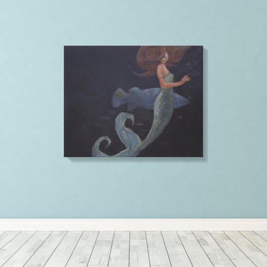 Zeemeermin en blauwe vis canvas afdruk (Insitu (Houten vloer))