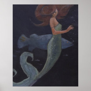 Zeemeermin en blauwe vis poster