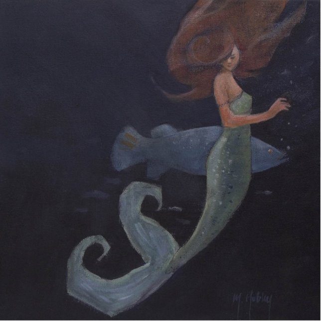 Zeemeermin en blauwe vis staand fotobeeldje  (Voorkant)