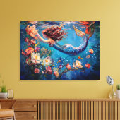 Zeemeermin en Bloemen Onder het Zee Verpakt Canvas (Insitu (Woonkamer))