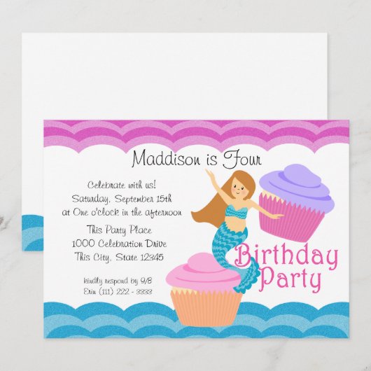 Zeemeermin en cupcakes verjaardag kaart (Voorkant / Achterkant)