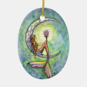 Zeemeermin en de Maan Fantasie Kunst Herinnering Keramisch Ornament